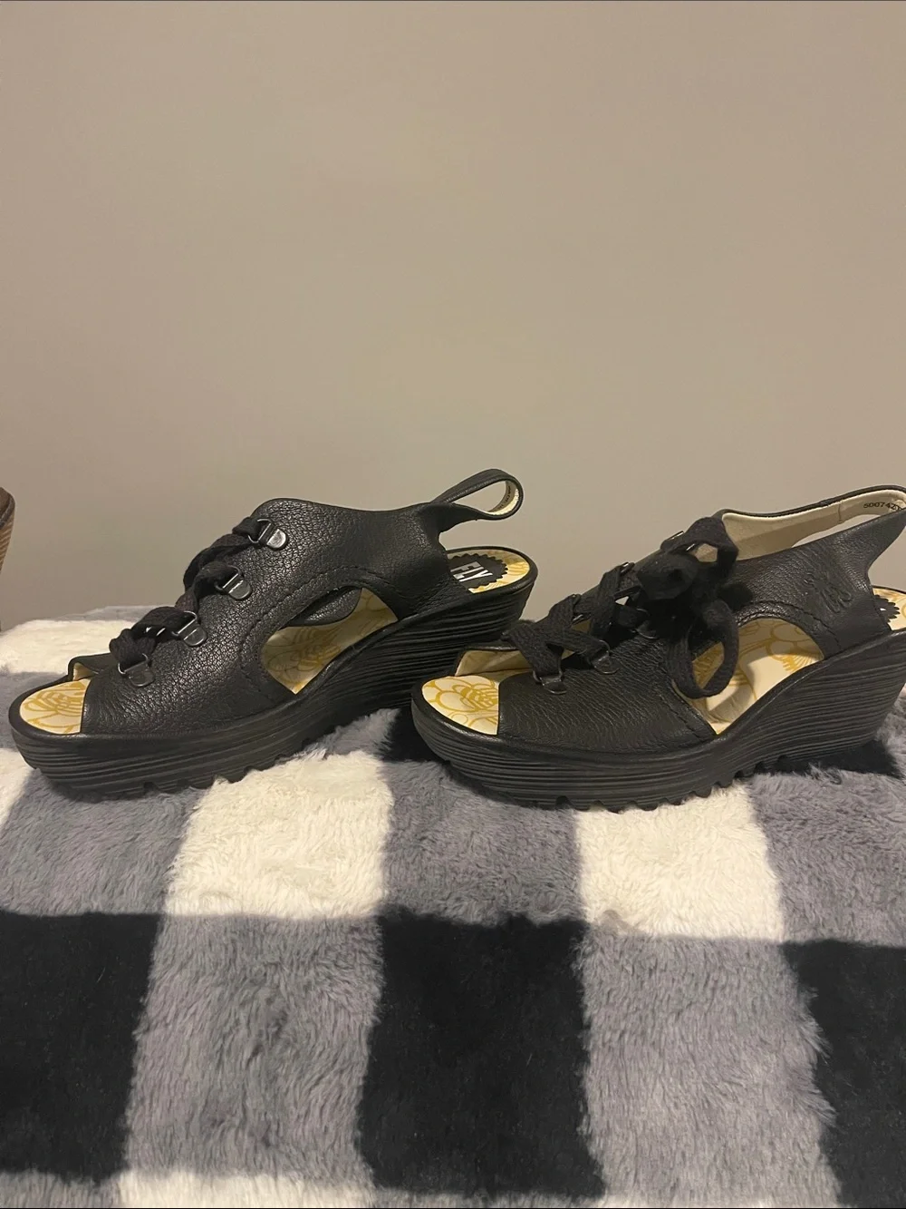 Fly London Black Lace-Up Leather Wedge Sandals